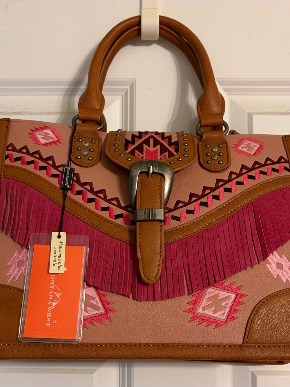 Montana West Pink Fringe Satchel with Brown Trim and Embroidery
